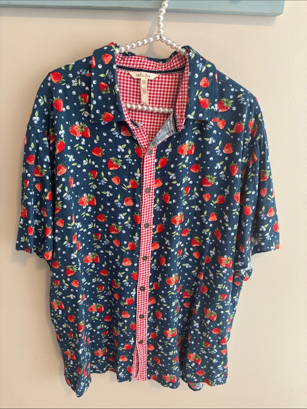 Matilda Jane XXL Shirt Short Sleeve Rayon Linen Blue Berry Strawberry Button Up